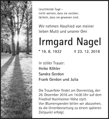 Traueranzeige von Irmgard Nagel von Trauerportal Rhein Main Presse