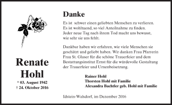 Traueranzeige von Renate Hohl von  Camberger Anzeiger