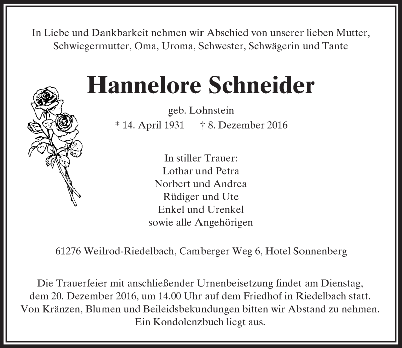  Traueranzeige für Hannelore Schneider vom 15.12.2016 aus  Camberger Anzeiger
