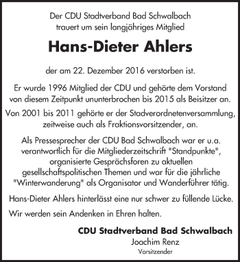 Traueranzeige von Hans-Dieter Ahlers von Trauerportal Rhein Main Presse