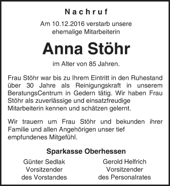Traueranzeige von Anna Stöhr von  Kreisanzeiger