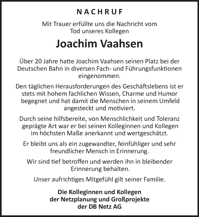  Traueranzeige für Joachim Vaahsen vom 14.12.2016 aus  Gießener Anzeiger