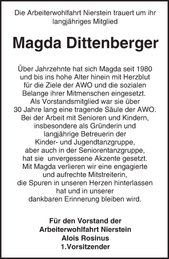 Traueranzeige von Magda Dittenberger von Trauerportal Rhein Main Presse