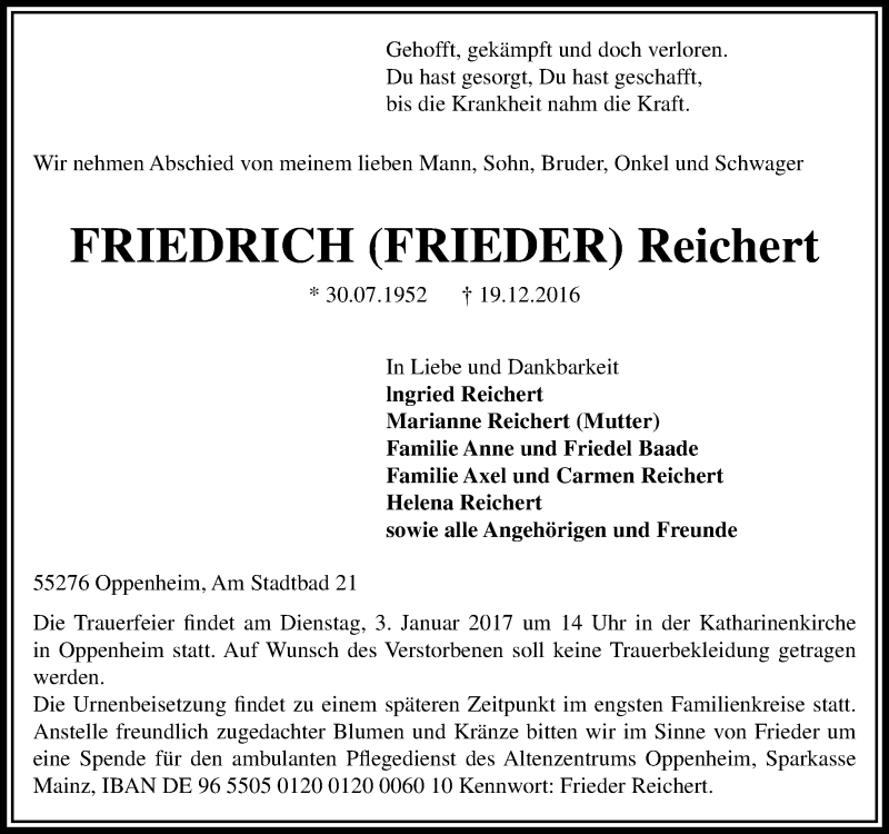  Traueranzeige für Friedrich Reichert vom 23.12.2016 aus Trauerportal Rhein Main Presse