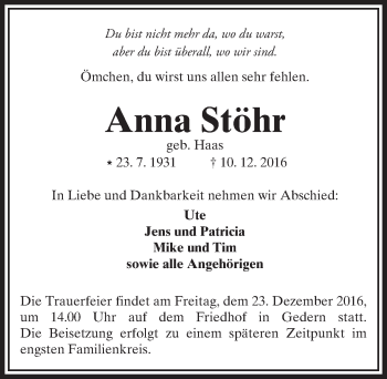Traueranzeige von Anna Stöhr von  Kreisanzeiger