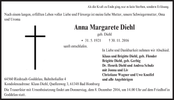 Traueranzeige von Anna Margarete Diehl von Trauerportal Echo Online