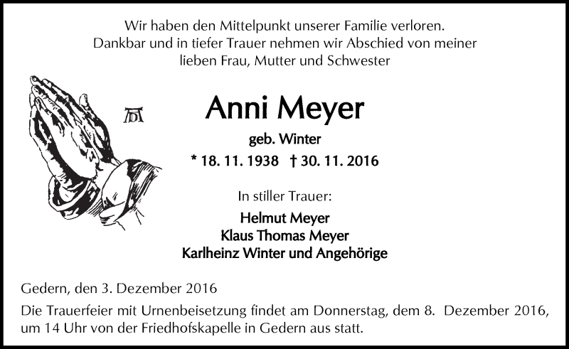  Traueranzeige für Anni Meyer vom 03.12.2016 aus  Kreisanzeiger