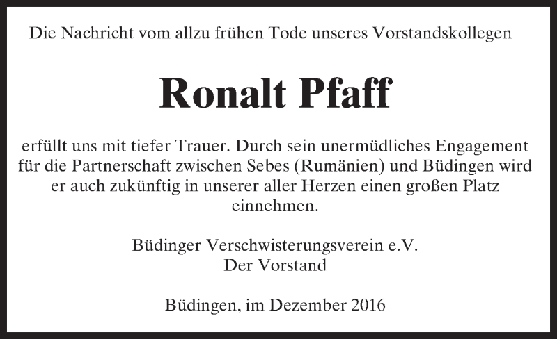  Traueranzeige für Ronalt Pfaff vom 30.12.2016 aus  Kreisanzeiger