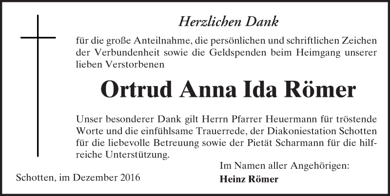  Traueranzeige für Ortrud Anna Ida Römer vom 10.12.2016 aus  Kreisanzeiger