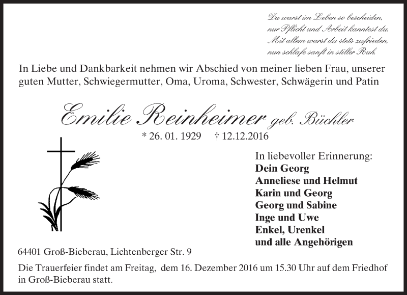  Traueranzeige für Emilie Reinheimer vom 14.12.2016 aus Trauerportal Echo Online