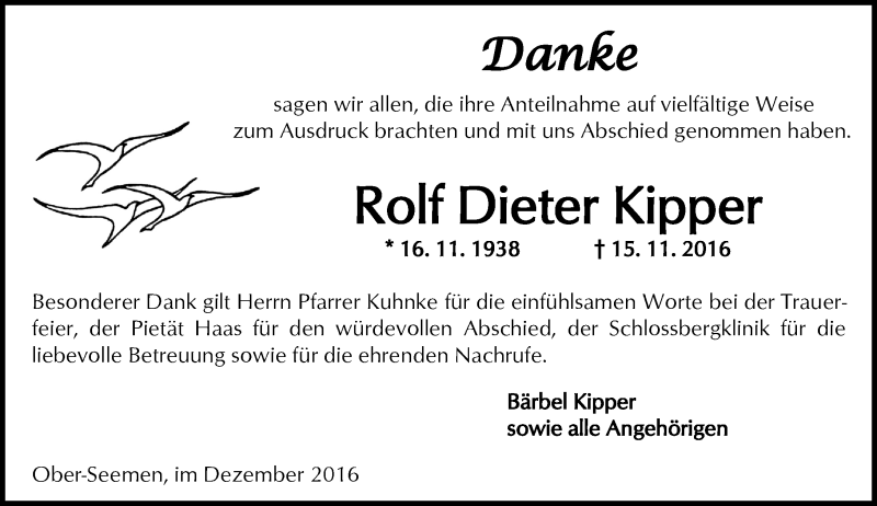  Traueranzeige für Rolf Dieter Kipper vom 10.12.2016 aus  Kreisanzeiger
