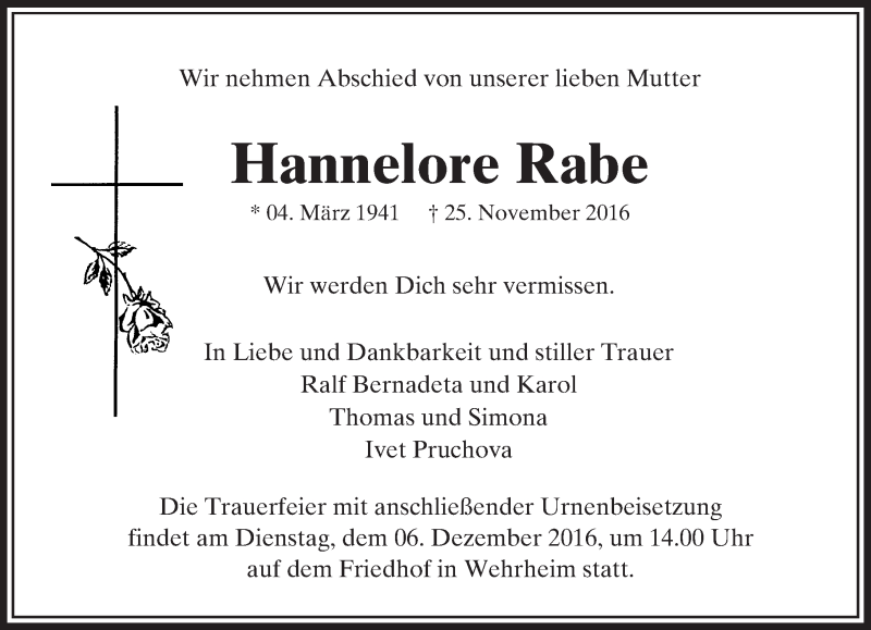  Traueranzeige für Hannelore Rabe vom 02.12.2016 aus  Usinger Anzeiger