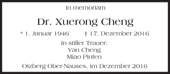 Traueranzeige von Xuerong Cheng von Trauerportal Echo Online