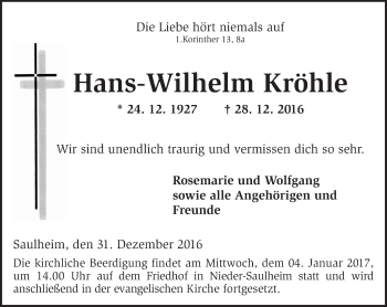 Traueranzeige von Hans-Wilhelm Kröhle von Trauerportal Rhein Main Presse