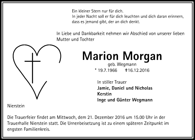  Traueranzeige für Marion Morgan vom 19.12.2016 aus Trauerportal Rhein Main Presse