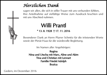 Traueranzeige von Willi Prantl von  Kreisanzeiger