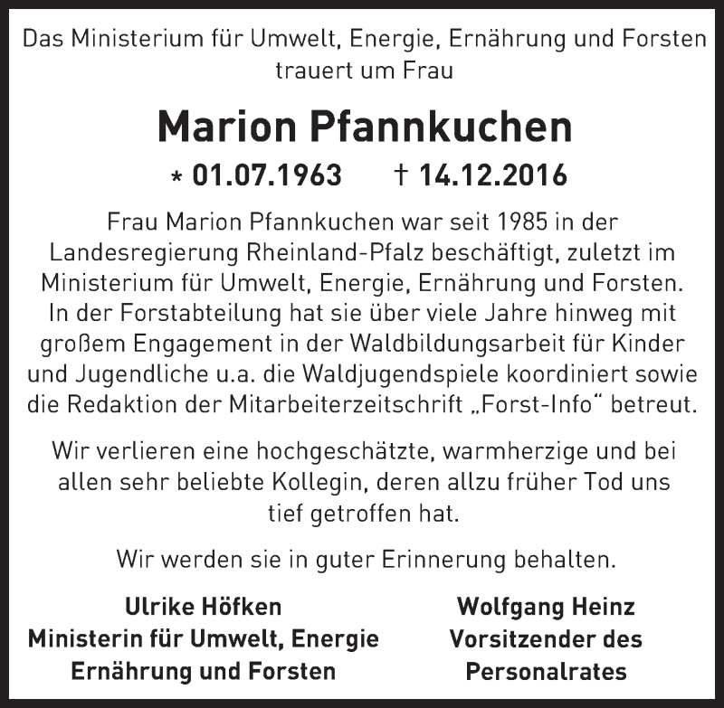  Traueranzeige für Marion Pfannkuchen vom 23.12.2016 aus Trauerportal Rhein Main Presse