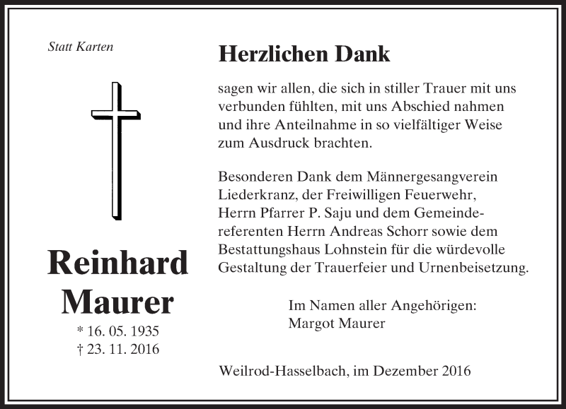  Traueranzeige für Reinhard Maurer vom 15.12.2016 aus  Camberger Anzeiger