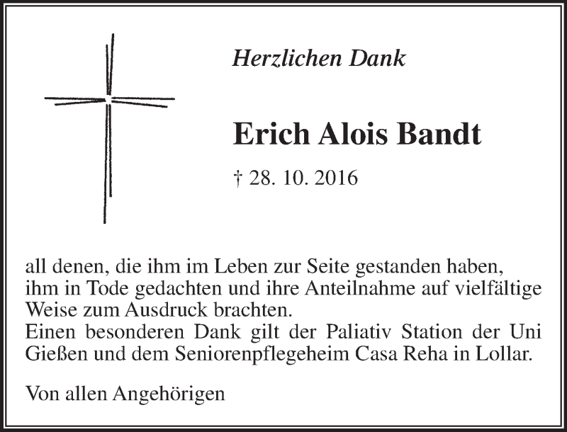  Traueranzeige für Erich Alois Bandt vom 03.12.2016 aus  Gießener Anzeiger