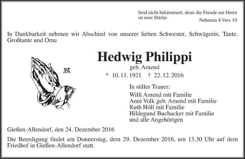  Traueranzeige für Hedwig Philippi vom 24.12.2016 aus  Gießener Anzeiger