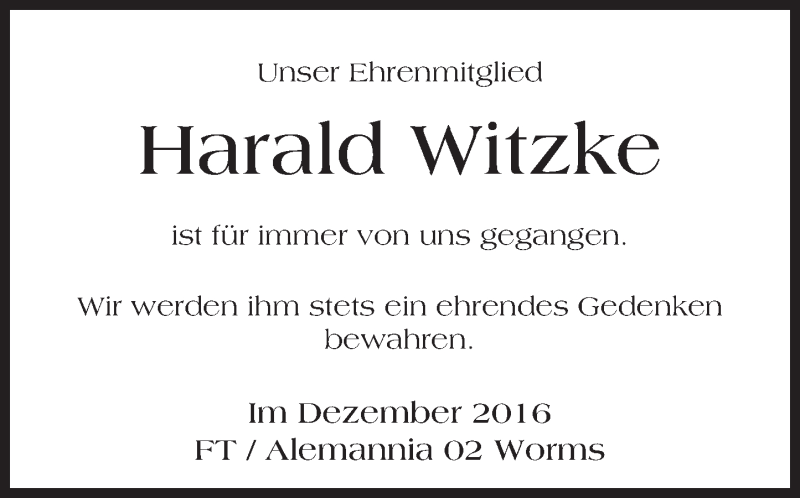  Traueranzeige für Harald Witzke vom 01.12.2016 aus Trauerportal Rhein Main Presse