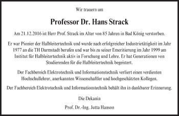 Traueranzeige von Hans Strack von Trauerportal Echo Online