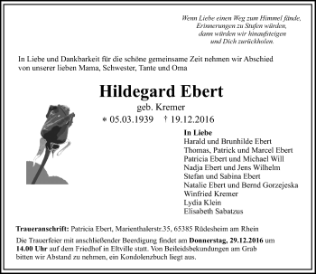 Traueranzeige von Hildegard Ebert von Trauerportal Rhein Main Presse