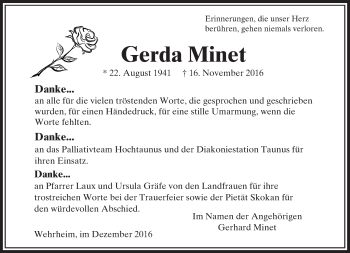 Traueranzeige von Gerda Minet von  Usinger Anzeiger