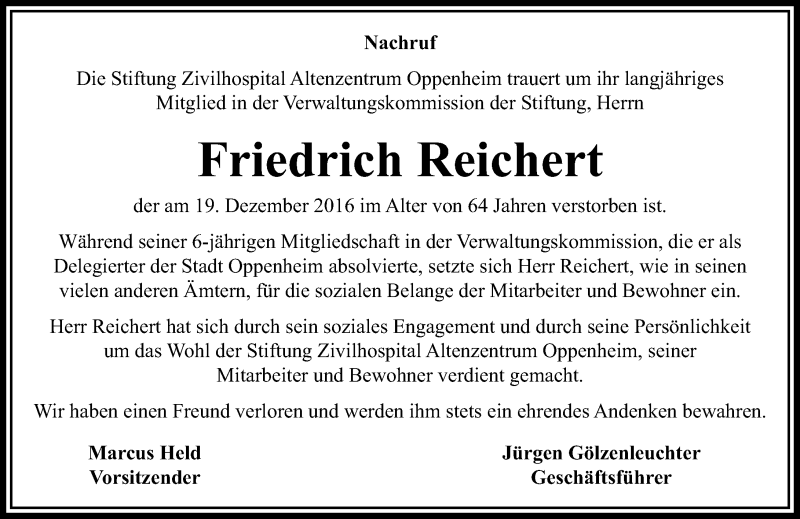  Traueranzeige für Friedrich Reichert vom 23.12.2016 aus Trauerportal Rhein Main Presse