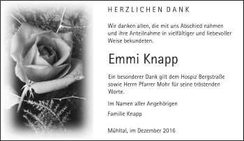 Traueranzeige von Emmi Knapp von Trauerportal Echo Online
