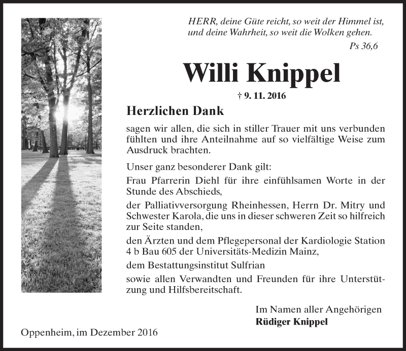  Traueranzeige für Willi Knippel vom 17.12.2016 aus Trauerportal Rhein Main Presse