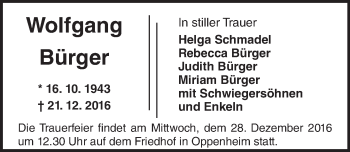 Traueranzeige von Wolfgang Bürger von Trauerportal Rhein Main Presse