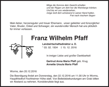 Traueranzeige von Franz Wilhelm Pfaff von Trauerportal Rhein Main Presse