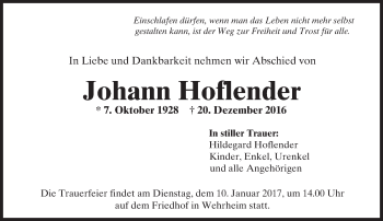 Traueranzeige von Johann Hoflender von  Usinger Anzeiger