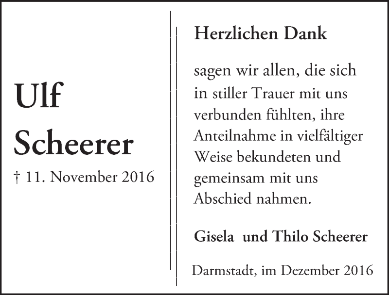  Traueranzeige für Ulf Scheerer vom 24.12.2016 aus Trauerportal Echo Online