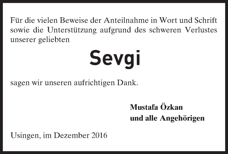  Traueranzeige für Sevgi  vom 20.12.2016 aus  Usinger Anzeiger