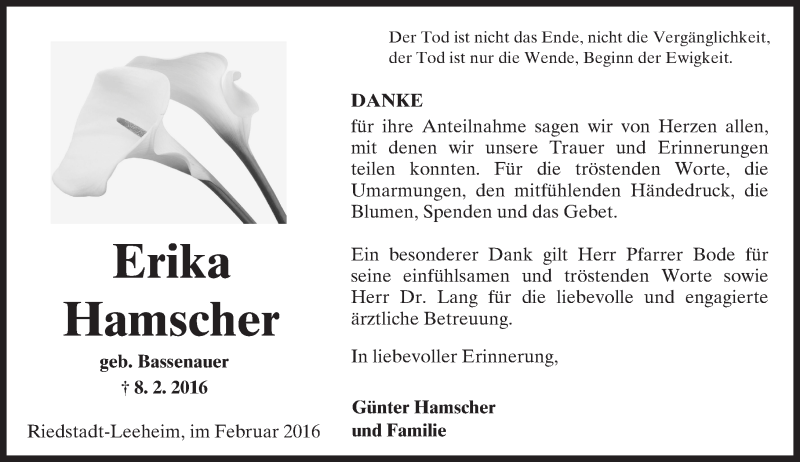  Traueranzeige für Erika Hamscher vom 27.02.2016 aus trauer.echo-online.de