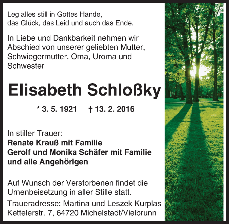  Traueranzeige für Elisabeth Schloßky vom 24.02.2016 aus trauer.echo-online.de