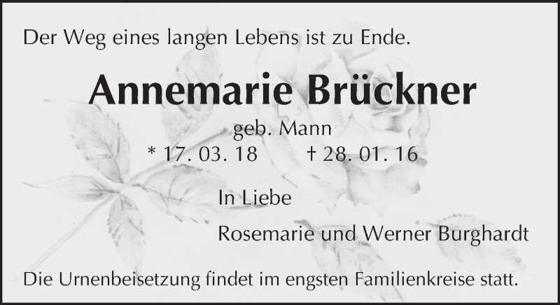  Traueranzeige für Annemarie Brückner vom 01.02.2016 aus trauer.echo-online.de
