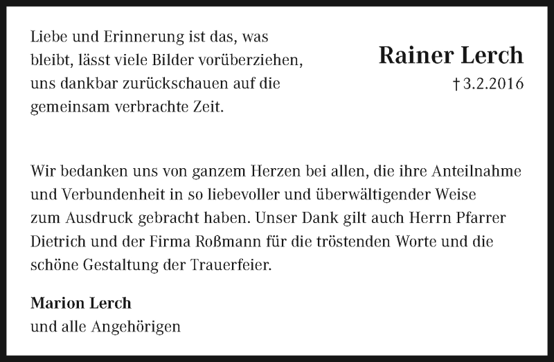  Traueranzeige für Rainer Lerch vom 27.02.2016 aus trauer.echo-online.de