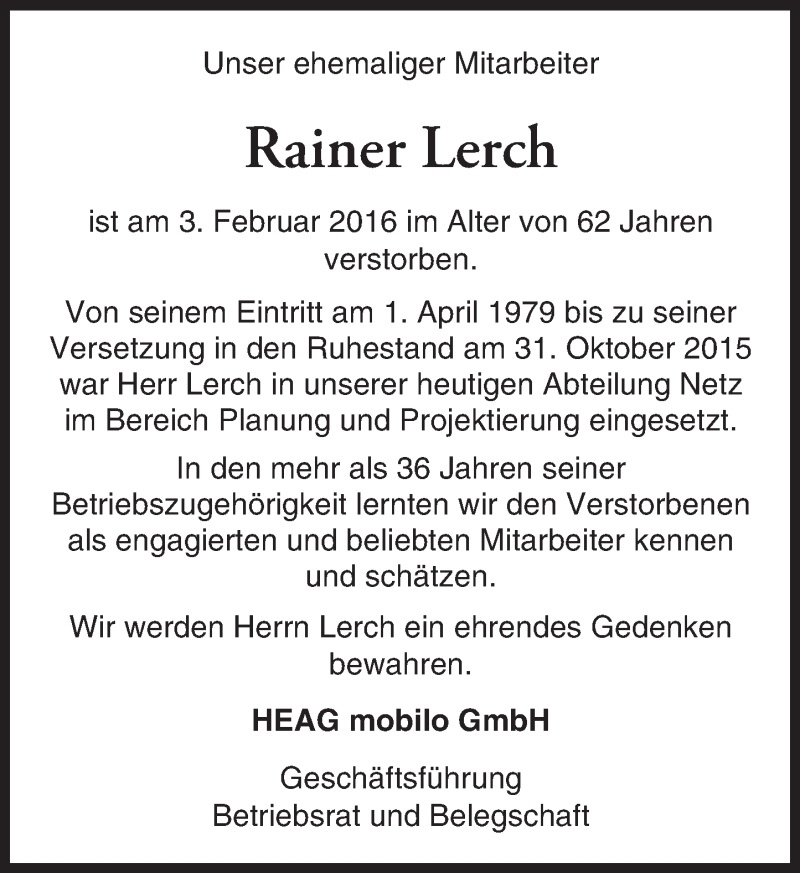  Traueranzeige für Rainer Lerch vom 10.02.2016 aus trauer.echo-online.de