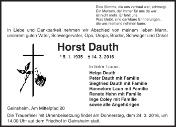 Traueranzeige von Horst Dauth von trauer.echo-online.de