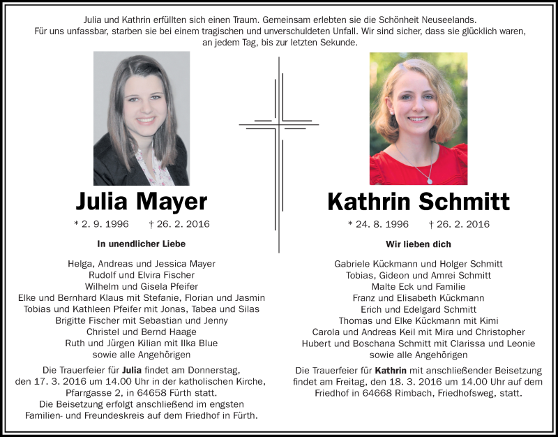  Traueranzeige für Julia und Kathrin  vom 14.03.2016 aus trauer.echo-online.de