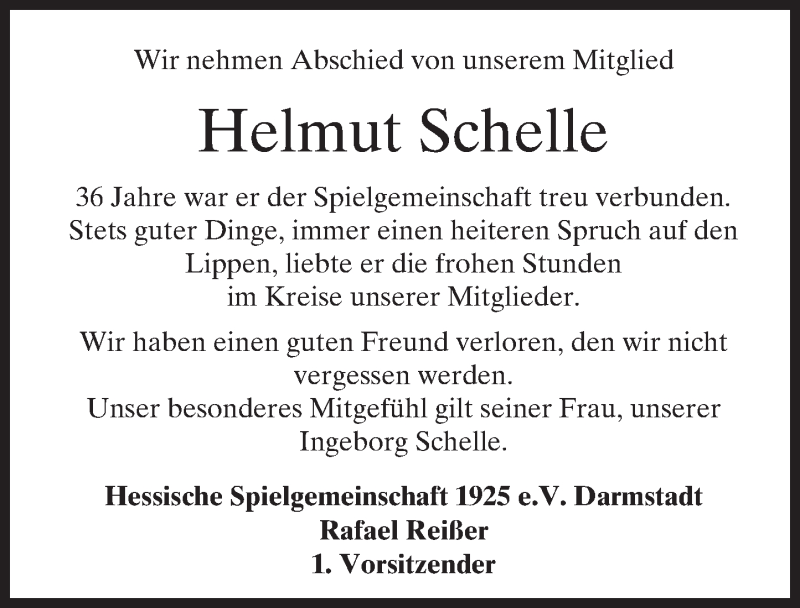  Traueranzeige für Helmut Schelle vom 19.03.2016 aus trauer.echo-online.de