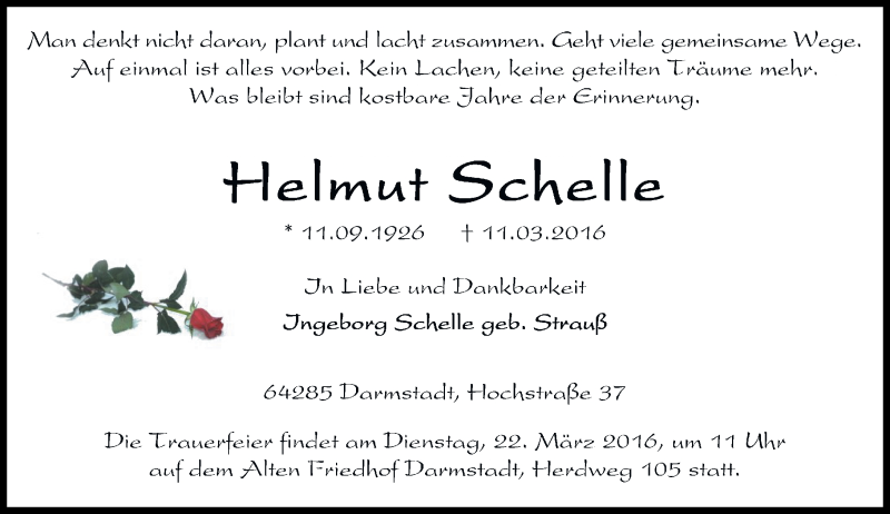  Traueranzeige für Helmut Schelle vom 19.03.2016 aus trauer.echo-online.de