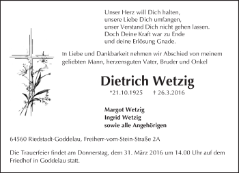 Traueranzeige von Dietrich Wetzig von trauer.echo-online.de