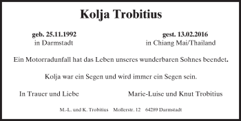 Traueranzeige von Kolja Trobitius von trauer.echo-online.de
