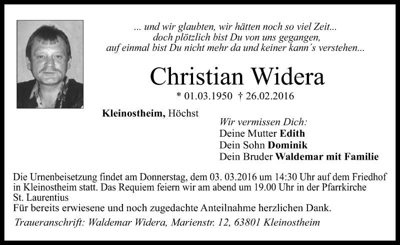  Traueranzeige für Christian Widera vom 02.03.2016 aus trauer.echo-online.de
