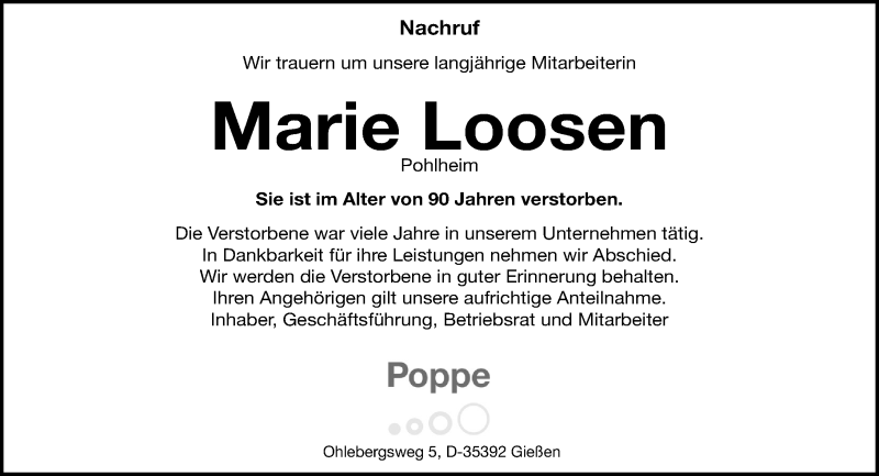  Traueranzeige für Marie Loosen vom 30.04.2016 aus  Gießener Anzeiger