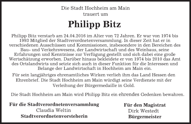  Traueranzeige für Philipp Bitz vom 29.04.2016 aus  Hochheimer Zeitung